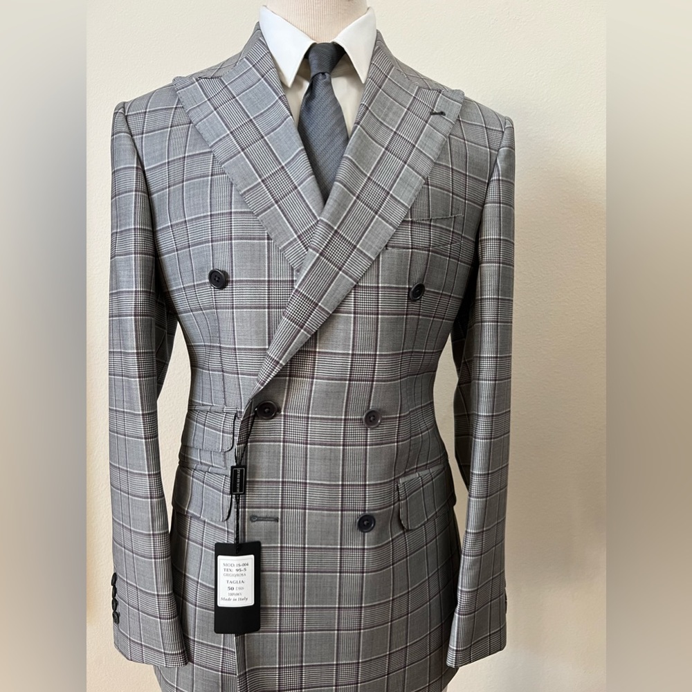 Grey windowpane super 150 Cerruti double breasted peak lapel wool suit